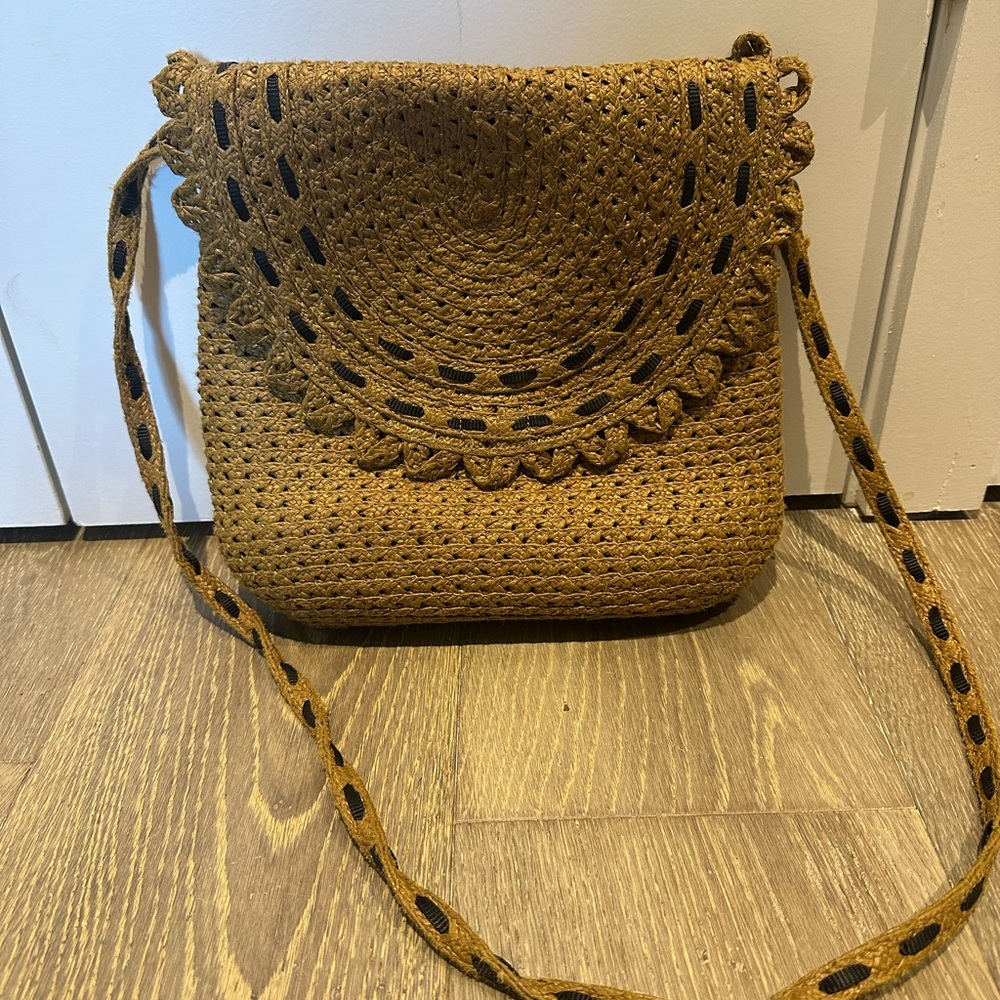 Eric Javits Brown Crossbody Bag with Intricate Crochet Design